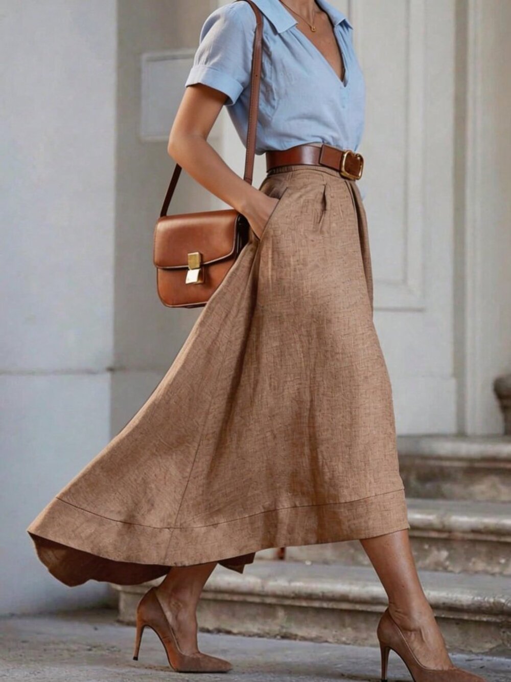 Khaki Casual Women's Vacation Skirt With Double Pockets